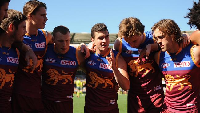 Rockliff speaks to his Lions teammates ahead of a game against Carlton in 2016. Picture: Matt Roberts/AFL Media/Getty Images