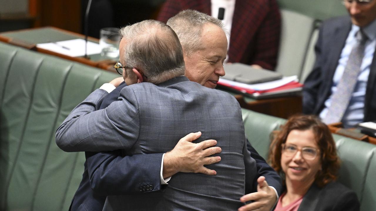 Prime Minister Anthony Albanese gave his former party leader a hug. Picture: NewsWire / Martin Oldman