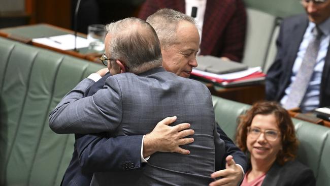 Prime Minister Anthony Albanese gave his former party leader a hug. Picture: NewsWire / Martin Oldman