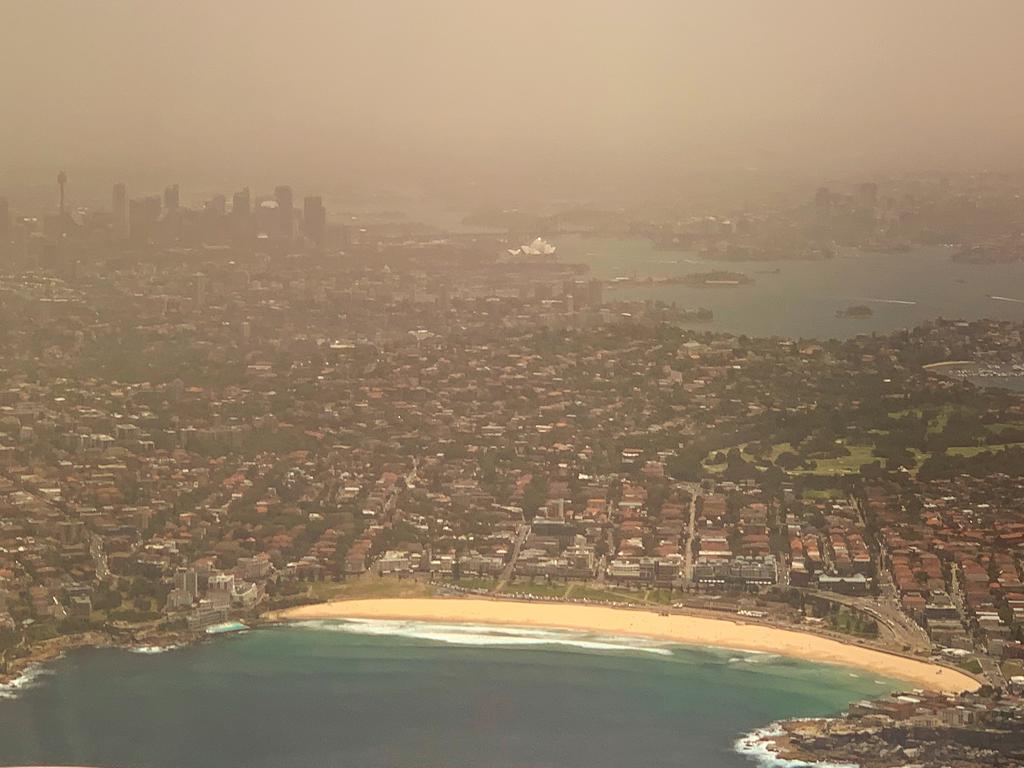 The dust storm captured over Bondi Beach. Picture: Ryan Pierse.