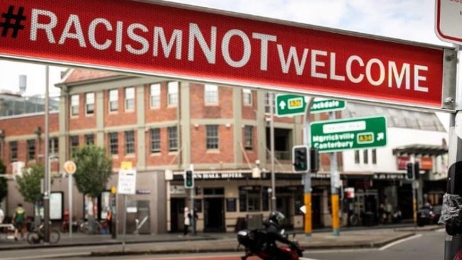 A racism not welcome sign at King St Newtown. Picture: X