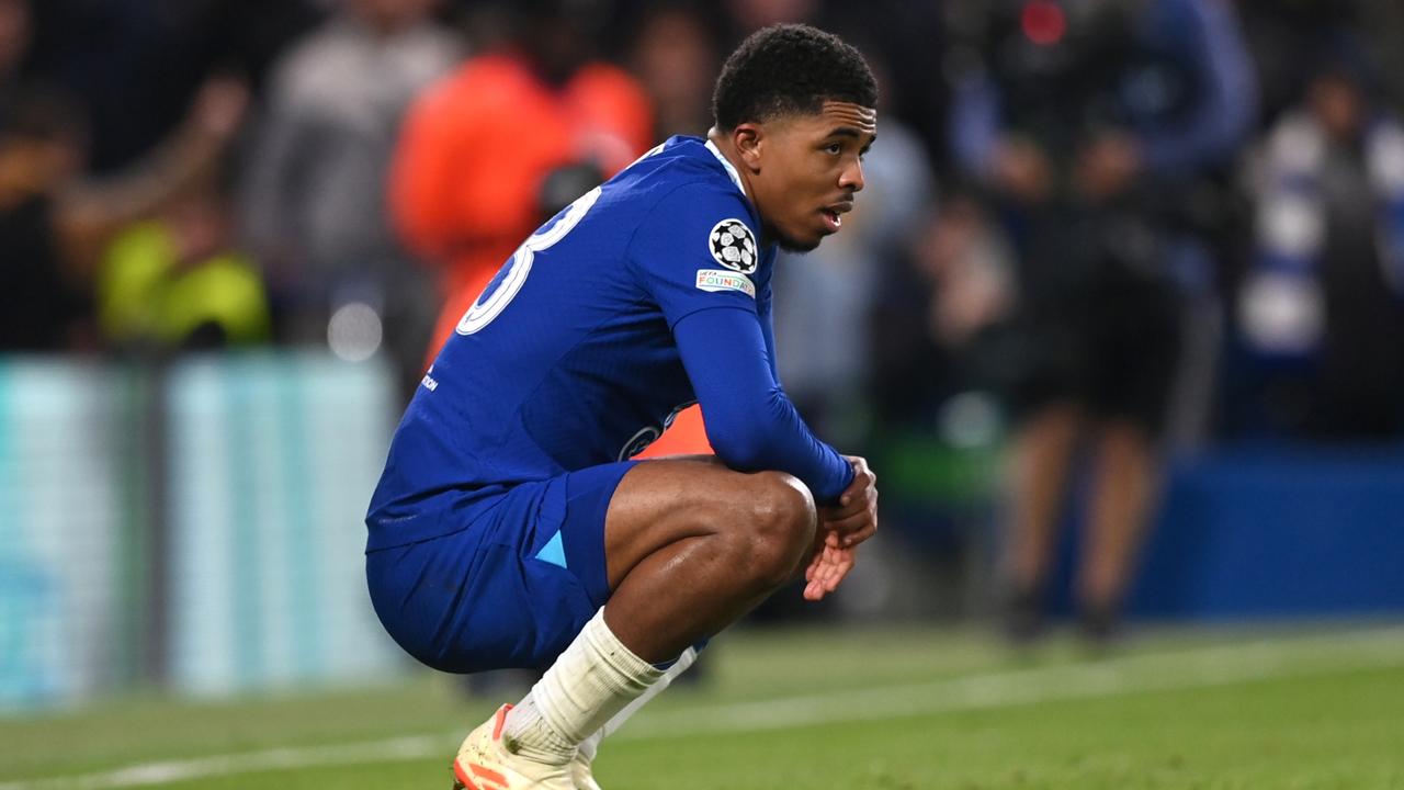 LONDON, ENGLAND - APRIL 18: Wesley Fofana of Chelsea looks dejected after Rodrygo of Real Madrid (not pictured) scored the team's first goal during the UEFA Champions League quarterfinal second leg match between Chelsea FC and Real Madrid at Stamford Bridge on April 18, 2023 in London, England. (Photo by Michael Regan/Getty Images)