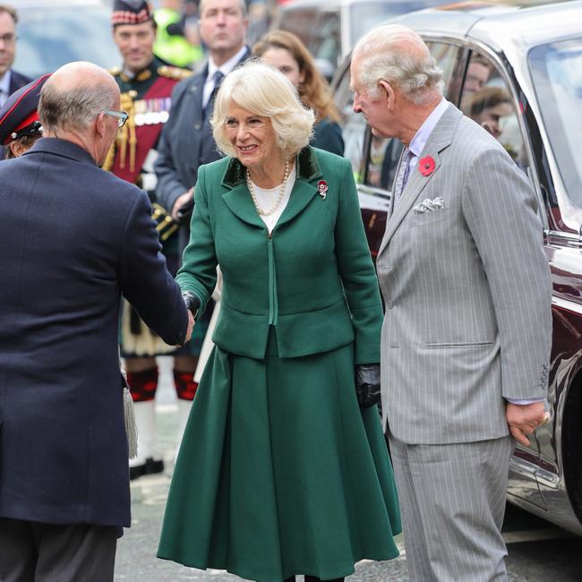 Camilla, Queen Consort, shakes hands with a dignitary as she arrives with King Charles III for the Welcoming Ceremony to the City of York. (Photo by Chris Jackson/Getty Images)