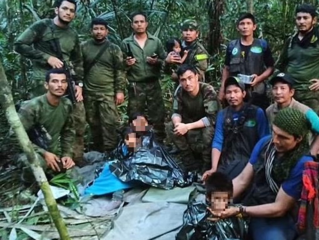 The children were found by a sniffer dog and soldiers 40 days after their plane crashed. Picture: Handout/Colombian Army/AFP