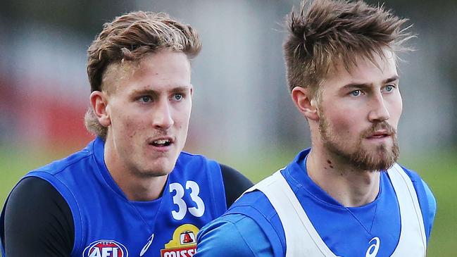 Mid-season draftee Ryan Gardner jostles with Aaron Naughton at Western Bulldogs training. Picture: Michael Dodge/Getty Images.