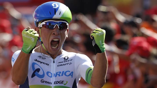 Orica-GreenEdge's Australian cyclist Caleb Ewan celebrates winning the fifth stage of the 2015 Vuelta Espana cycling tour, a 167.3km stage between Rota and Alcala de Guadaira on August 26, 2015. AFP PHOTO/JOSE JORDAN