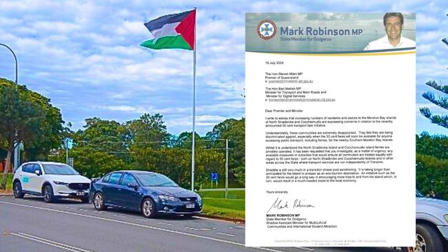 MP Mark Robinson wrote to Transport Minister Bart Mellish calling for the removal of the Palestinian flag from Ballow Rd at Dunwich, North Stradbroke Island.