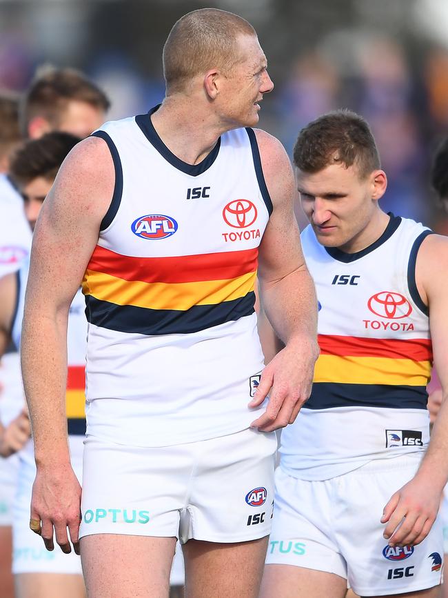 Sam Jacobs and Rory Laird after the Crows’ final round loss to the Bulldogs. Picture: Quinn Rooney/Getty Images