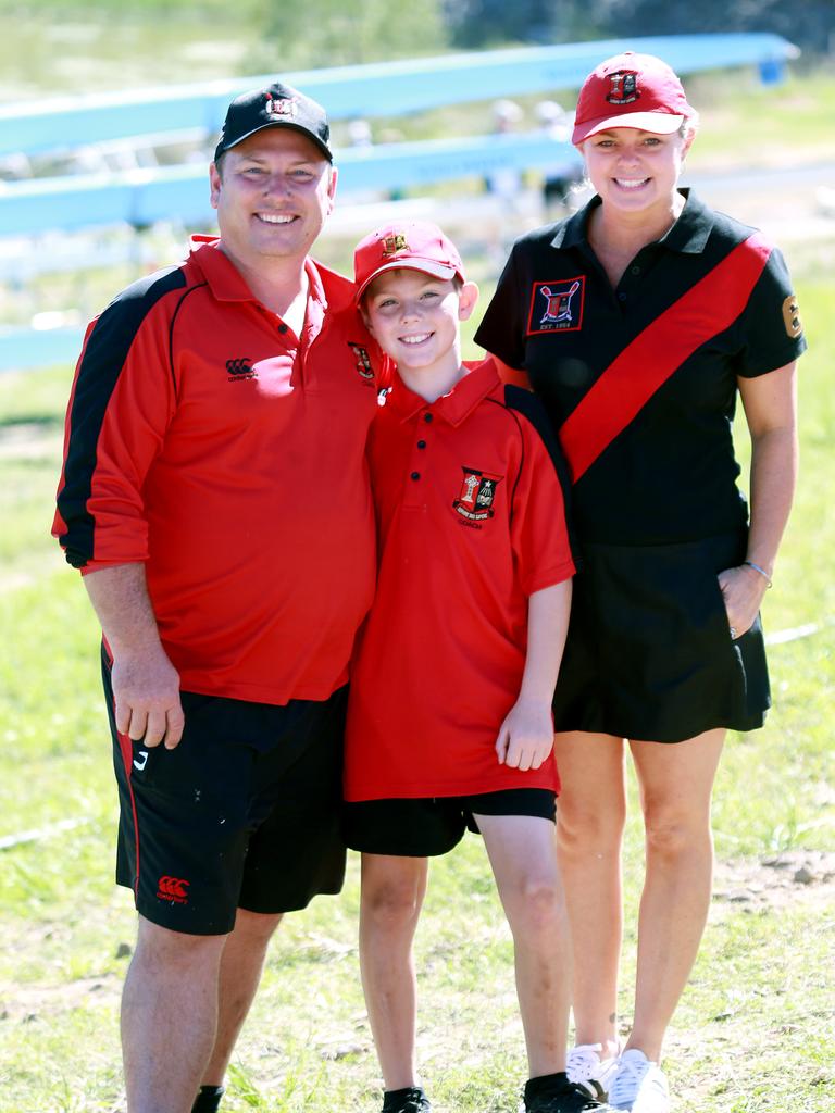 Rowing family Ben, Parker, 10, and Sandra Toomy at the GPS Head of the River, Lake Wyaralong. Picture: Sarah Marshall/AAP