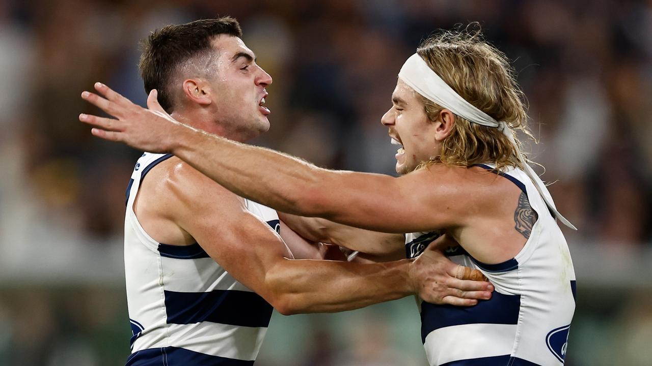 Shaun Mannagh and Bailey Smith celebrate late in their win. Picture: Michael Willson/AFL Photos via Getty Images