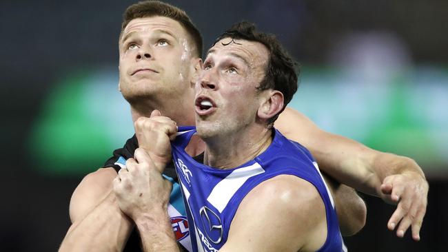 Todd Goldstein dominated on Saturday against Port Adelaide and Peter Ladhams. Picture: Dylan Burns/AFL Photos via Getty Images.