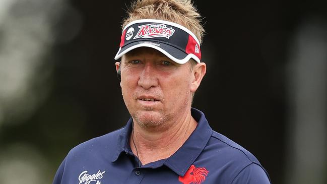 SYDNEY, AUSTRALIA - FEBRUARY 28: Roosters head coach Trent Robinson looks on during a Sydney Roosters NRL training session at Kippax Lake on February 28, 2023 in Sydney, Australia. (Photo by Matt King/Getty Images)