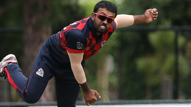 VTCA: Keilor v Haig Fawkner: Viraj Lakshitha of Haig Fawkner bowling on Saturday, December 4, 2021 in Keilor, AustraliaPhoto: Hamish Blair