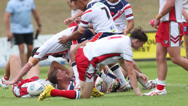 Sean Bullens scores a try for the Central Coast Roosters vs Monaro Colts in round one of the Laurie Daley Cup. Picture: Sue Graham