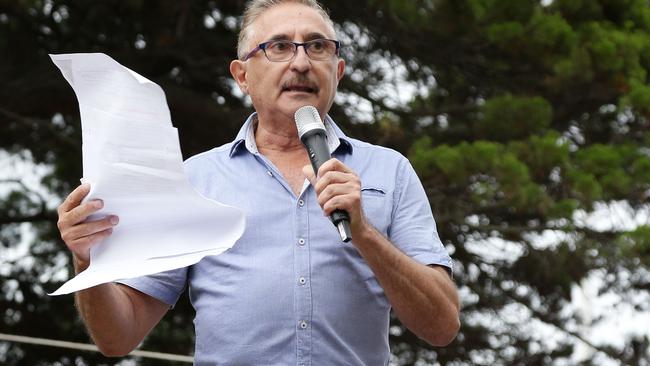 Protesters gather in Carey Park. Eddy Sarroff speaks. Picture: Tertius Pickard.