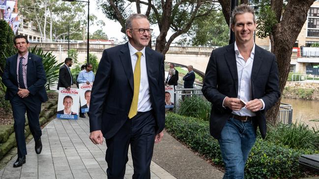 Anthony Albanese (centre) and Labor candidate for Parramatta Andrew Charlton meet in Sydney before the federal election. Picture: AAP