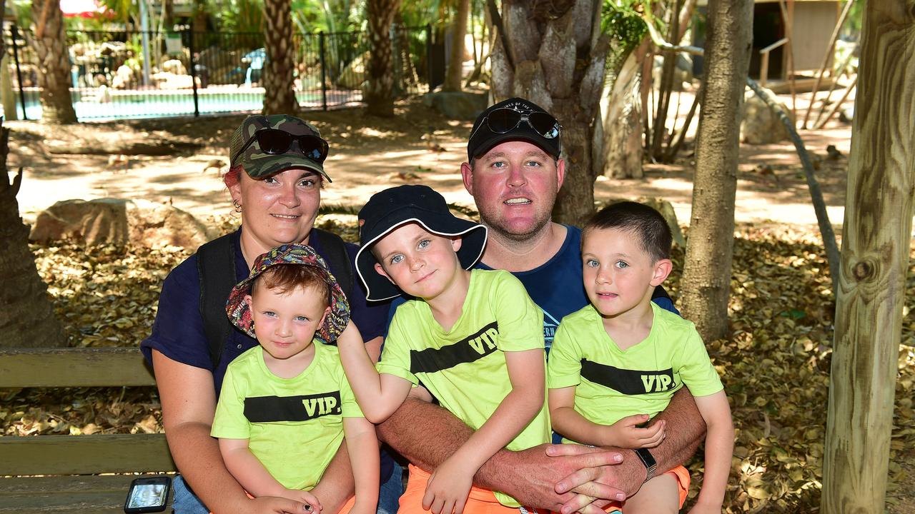 Tahnee and John Pemble with their sons Connor, 2, Daniel, 6, and Logan, 4, pictured at Billabong Sanctuary. Picture: Shae Beplate.