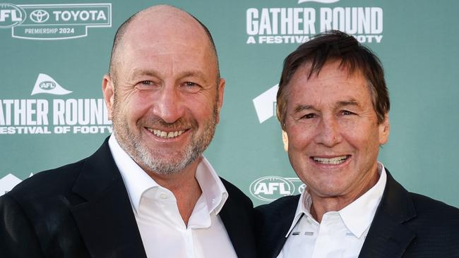 ADELAIDE, AUSTRALIA - APRIL 03: Jeff Browne and Craig Kelly pose for a photo before the 2024 AFL Gather Round Welcome Dinner Event at Glenelg Foreshore on April 03, 2024 in Adelaide, Australia. (Photo by Dylan Burns/AFL Photos via Getty Images)