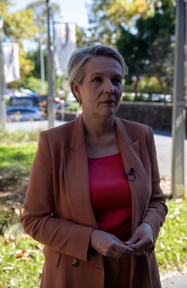 Labor's Tanya Plibersek told reporters it should be up to sporting clubs to decide whether transgender athletes can compete. Picture: Nathan Schmidt