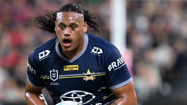 Luciano Leilua of the Cowboys runs the ball during the NRL Preliminary Final match between the North Queensland Cowboys and the Parramatta Eels on September 23. Picture: Bradley Kanaris/Getty Images