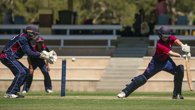 TSS Keeper Max Kemp and BSHS’s Calem McCathie as the Southport School v Brisbane State High School at The Southport School/Village Green. Picture: Glenn Campbell