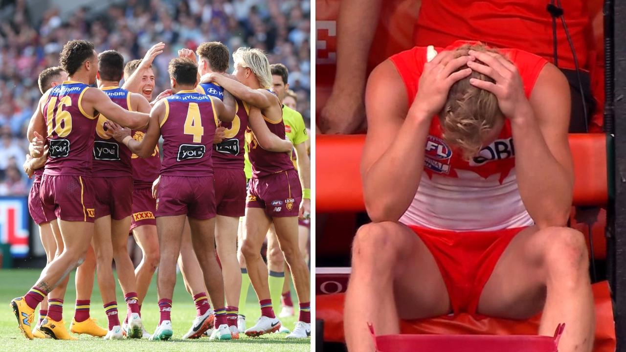 The Lions celebrated while Isaac Heeney summed up the Swans' misery. Photo: Channel 7.