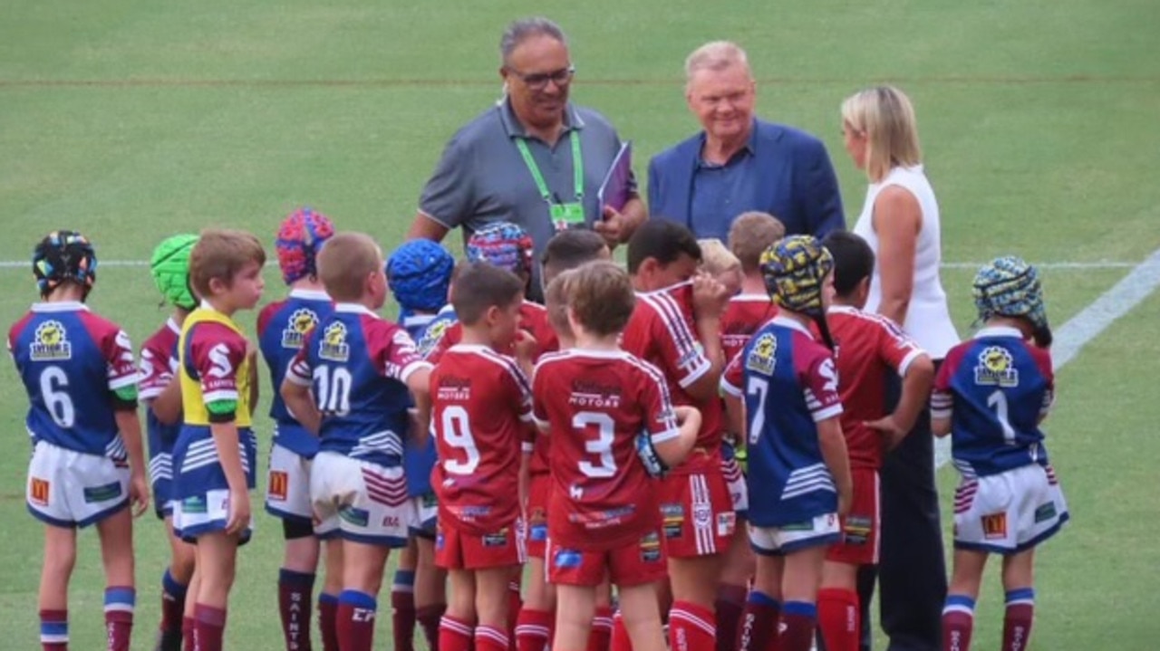 The Roma Saints under-8s team speaking on television on Channel 9. Picture: Dolphins Rugby League.