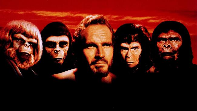 Charlton Heston, centre, and cast from the 1968 film Planet of the Apes.