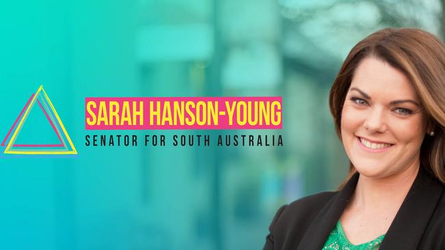 Greens Senator Sarah Hanson-Young’s new promotional material — pink, yellow and teal.