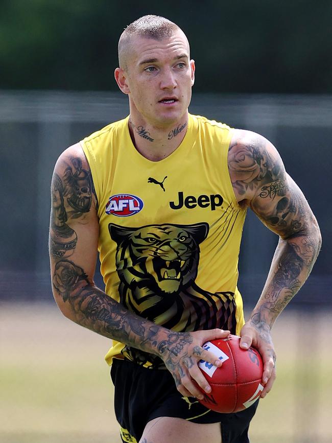 Richmond champion Dustin Martin in action at training on Monday.