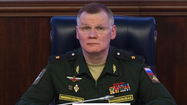 Russian Defence Ministry spokesman Igor Konashenkov attends a briefing on Russian military action in Ukraine, in Moscow. Picture: AFP