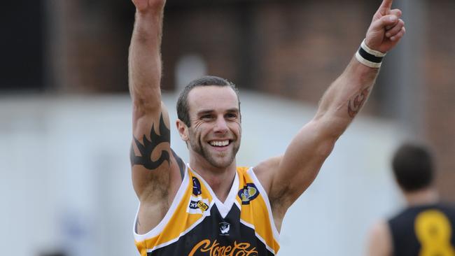 Stonecat Ben Tellis celebrates a final quarter goal at Frankston.