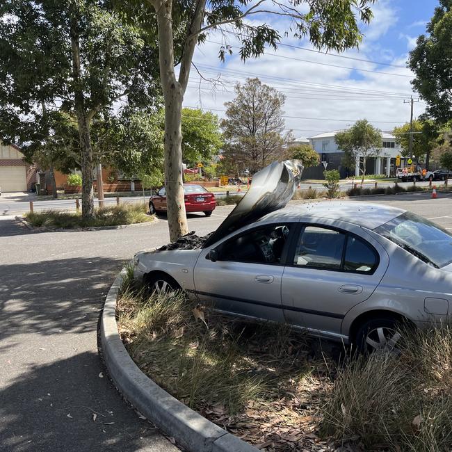 The crashed Ford Falcon, which remains at a Hansen Reserve, West Footscray car park, had red P-plates attached. Picture: Nilsson Jones