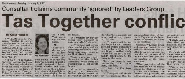 A newspaper clipping from the 00s covering the more controversial aspects of the Tasmania Together initiative. Source: DANNY KEEP.