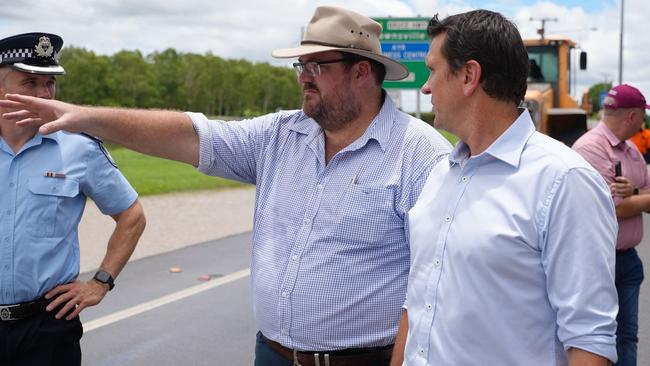 Newly appointed State Recovery Coordinator Andrew Cripps, centre, shows the flood damage to Police Minister Dan Purdie. Picture: Supplied