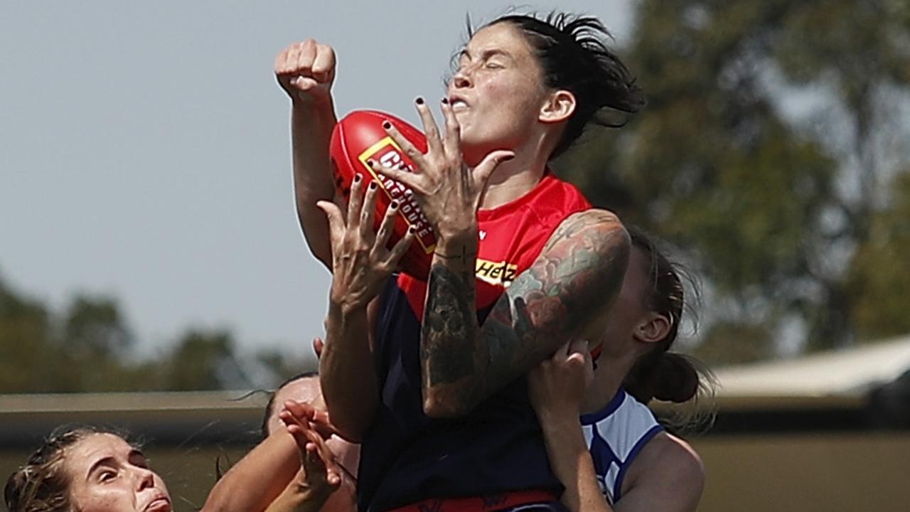 Tegan Cunningham flies for a mark against the Kangaroos. Picture: Getty Images