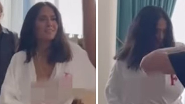 Salma Hayek suffers wardrobe malfunction while dancing in her bathrobe. Picture: Salma Hayek/Instagram