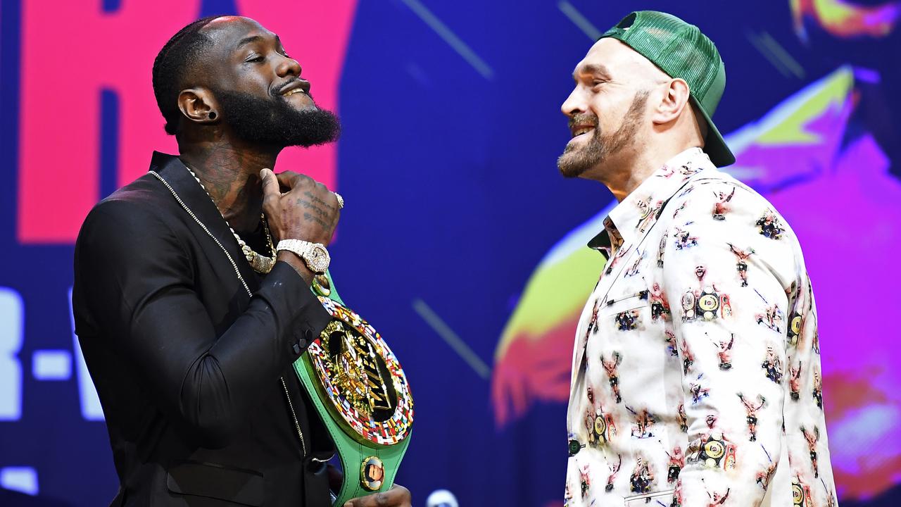 Deontay Wilder and Tyson Fury at a press conference in Los Angeles. (Photo by Kevork Djansezian/Getty Images)