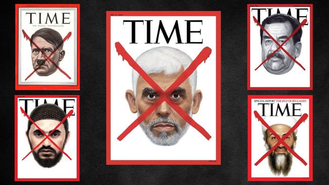 Slain Hamas chief Yahya Sinwar joins (clockwise from top left) Adolf Hitler, Saddam Hussein, Osama bin Laden and Abu Mousab al-Zarqawi in being remembered with a 'Red X' TIME Magazine cover.