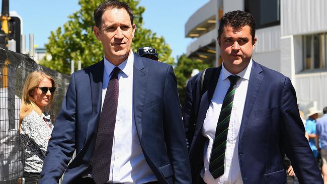 Cricket Australia CEO James Sutherland, left, arrives at the WACA. Picture: Getty Images.