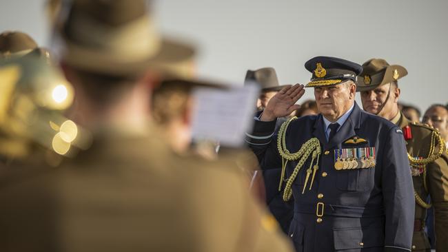 Deputy Chief of Air Force Air Vice-Marshal Stephen Meredith AM, DSM, salutes during the Commonwealth memorial service in Gallipoli, Turkey.