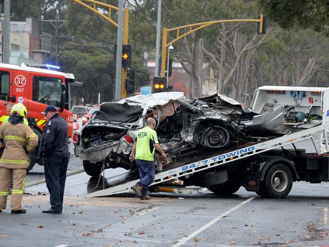 One of the two cars involved in a double fatal collision last night on North Road Caulfied North. Picture: Andrew Henshaw