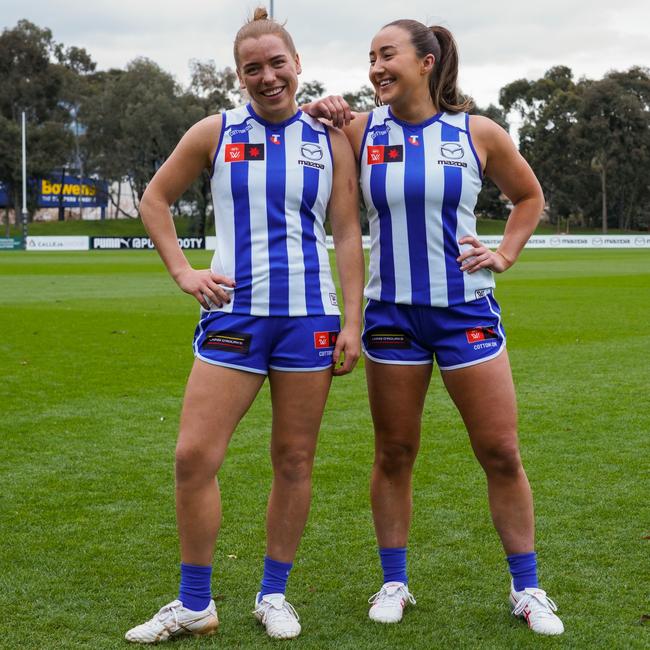 Tasmanians MIa King and NIcole Bresnehan will play their 50th AFLW games with North Melbourne this weekend. Picture: Nathan John/NMFC