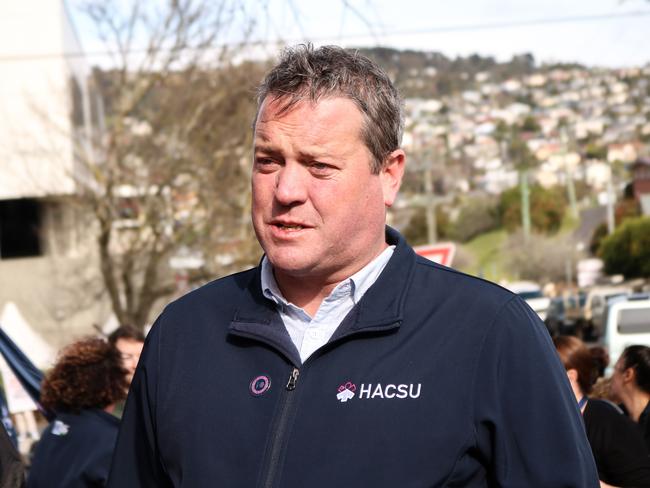 HACSU state secretary Robbie Moore as LGH pathology workers take their third strike action in two months, pictured outside the hospital. Picture: Stephanie Dalton