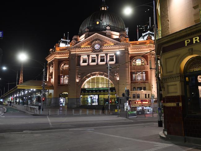 Empty Melbourne CBD with 8pm curfew in place. Flinders Street Station. Picture: Josie Hayden