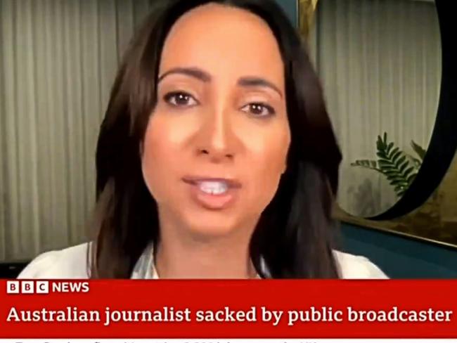 Journalist Antoinette Lattouf appearing on BBC News discussing her sacking from the ABC. Source: X