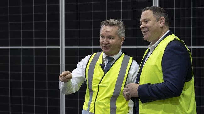 Climate Change and Energy Minister Chris Bowen and Member for Spence Matt Burnell at the 5B solar manufacturing facility in Salisbury recently. Picture: Brett Hartwig
