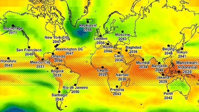 This map from the journal Nature shows major cities and the years they will hit the tipping point.