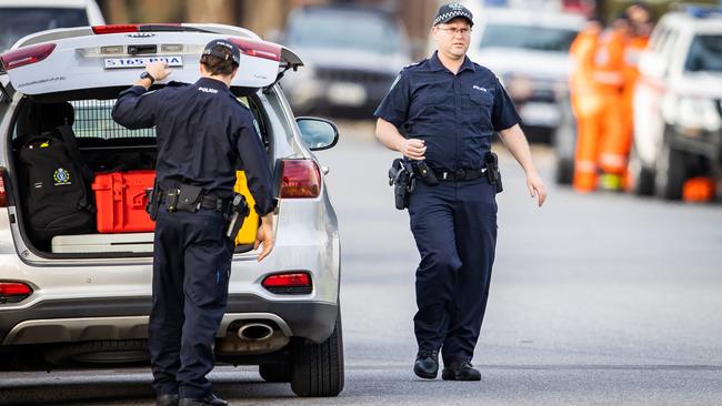 Police at the scene where human remains were discovered at a vacant block in Salisbury South. Picture: Tom Huntley