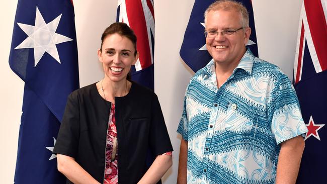 New Zealand's Prime Minister Jacinda Ardern meets with Scott Morrison for a bilateral meeting during the Pacific Islands Forum. Picture: AAP.